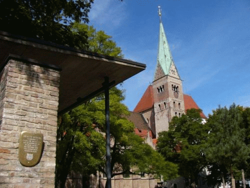Foto Augsburg Domgelnde: Luther-Inschrift und Dom
